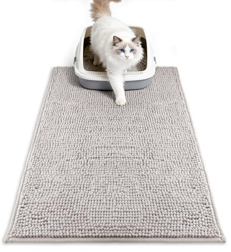 Pieviev Chenille Cat Litter Mat for Litter Box, 28x22 Soft Ultra Absorbent Mat, Waterproof & Non-Slip, Easy to Clean Litter Trapping Mat for Indoor Cats, Gray
