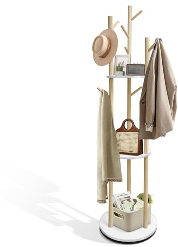 SUNDOY 165CM Rotating Wooden Coat Rack Freestanding with 3 Shelves & 9 Hooks, Hall Tree Stand for Entryway, Bedroom, Hallway & Living Room, Coat Stand for Coats, Jackets, Hats