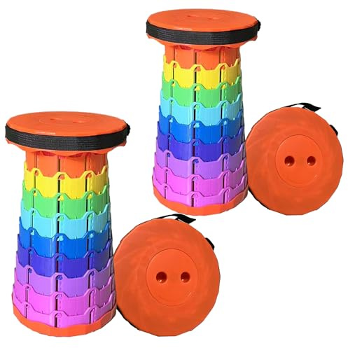 2PCS Portable Folding Stool, Height Adjustable Telescopic Stool, Lightweight and Durable for Outdoor Camping, Fishing, BBQ and Hiking, Indoor Kitchen, Bearing Weight 440 lbs (Orange Rainbow)