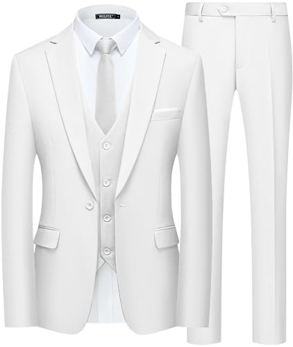 WULFUL Menās Slim Fit Suit One Button 3-Piece Blazer Dress Business Wedding Party Jacket Vest & Pant White