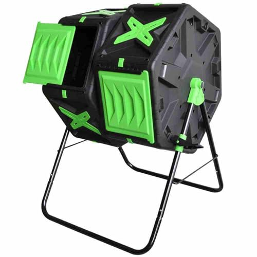 Bidone per compost, 140 l, compostiera da giardino a doppia camera, design facile rotante, robusto telaio in acciaio per compostaggio rapido