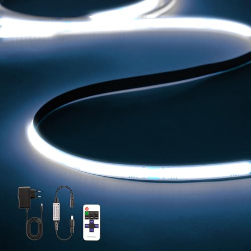 1M LED remsa kallvitt 6500K, 320 lysdioder, dimbar COB LED remsbelysning, med RF-fjärrkontroll och nätadapter för LED TV bakgrundsbelysning för inomhusbruk i kök, sovrum, hemmet, DIY