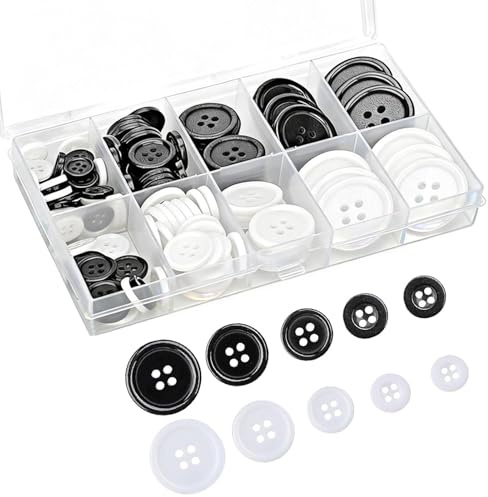 100 Pcs Black and White Round Resin Buttons with 5 Sizes, 4-Hole Buttons for Clothes Kniting, Kids Crafts DIY, Sewing, Crafting Handmade