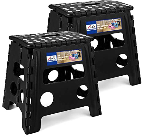 ACKO 2PACK Folding Step Stool - 13 Height Premium Heavy Duty Foldable Stool for Kids and Adults, Kitchen Garden Bathroom Stepping Stool (Black, 2PACK)