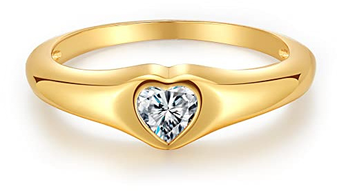 espere Cubic Zirconia Inlay Heart Signet Ring 18K Gold Plated | Minimal Dainty Pinky Ring | Simple Small Stackable Heart Ring Promise Ring Birthday Gift for Her [Size 5]