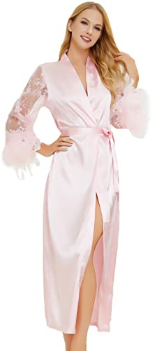 Women Long Satin Tulle Robe, Maternity Photoshoot Bride Feather Dressing Gown Kimono Bathrobe Sleepwear （ Pink，Large/X-Large)