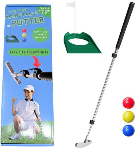 Kids Putter with Extendable Shaft for Junior Golfers Ideal Training Club for Youth - Includes 3 Balls, Cup with Flag - Silver, 17-35 (Right and Left Handed)