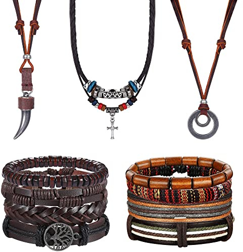 Kakonia 11 Pezzi Bracciale In Pelle Collana In Pelle Uomo Donna Set Di Gioielli Bracciale Intrecciato Etnico Boho Intrecciato Collana Con Braccialetti Regolabili Fatti A Mano