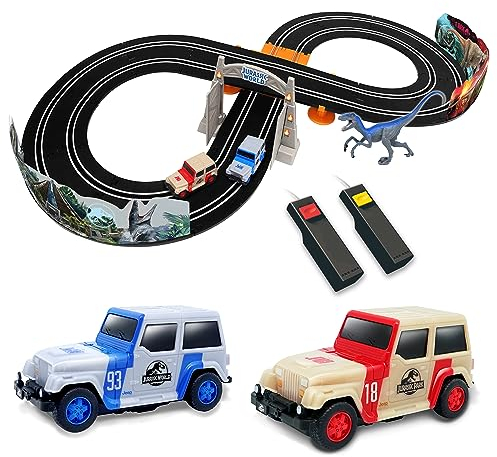 Relsy Jurassic World Elektrische Autorennbahn 102011JW mit 2 Slotcars, Dinosaurier-Figur & Zubehör, Jurassic Park Kinderspielzeug - 2,4M Rennstrecke (Dino-Jagd)