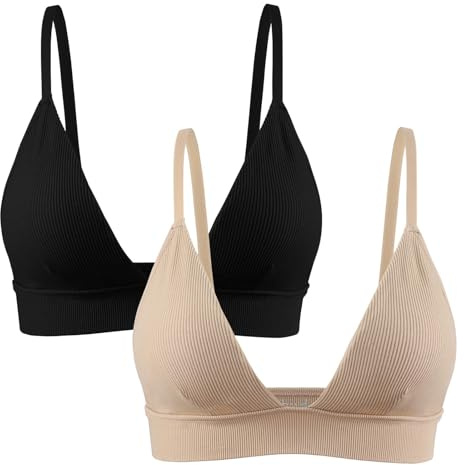 INIBUD Bralettes for Women Ribbed Seamless Padded Bra Wireless Triangle Plunge Cami Bra Adjustable Spaghetti Strap Top Black+Nude Large