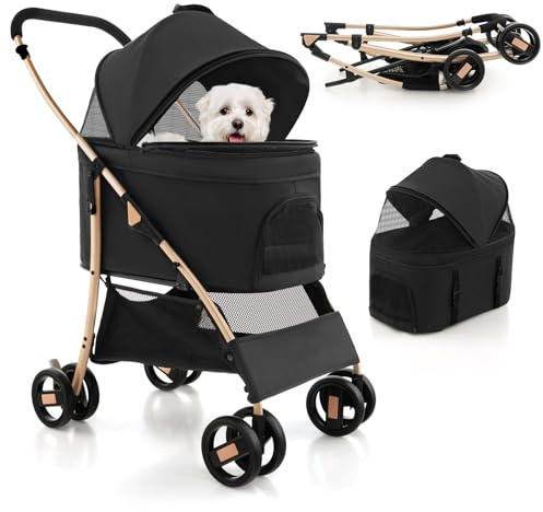 Costway 3-i-1 Hundvagn, vikbar hundbuggy, upp till 15 kg, husdjursvagn med nätfönster | justerbart skydd | avtagbar bärarm & korgar, husdjursvagn för små hundar och katter (Svart)