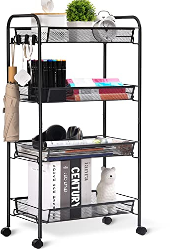 Urackify 4-stöckiger Rollwagen, Multifunktionaler mobiler Küchenwagen für Bad, Küche & Waschküche. Rostbeständiges Metall, atmungsaktiver Netzkorb & Seitenhaken inklusive. Einfache Montage, Schwarz