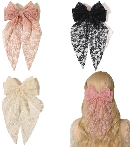 LFOUVRE Womens Hair Accessories - Lace Bow Clips, Large Bowknots with Long Tails, Barrettes in Black, Beige, and Pink - 3pcs Set