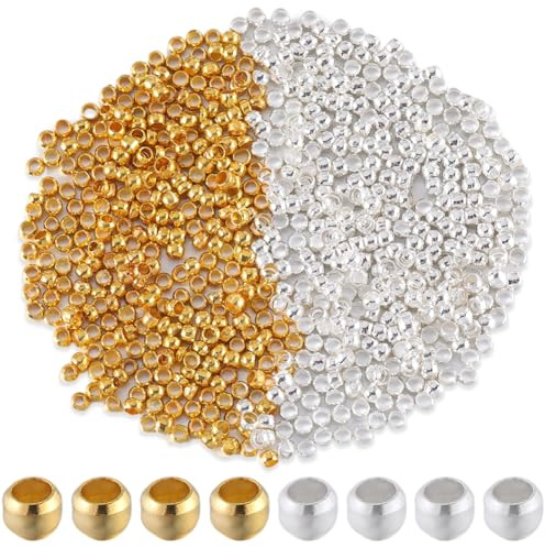 SOFPLATE 1 Box 2000Pcs 2mm Crimp Beads Metal Round Crimp Beads Gold Silver Spacer Stopper Clamp Ends Rondelle Crimper Ball for Jewellery Making Supplies Crimping Spacers DIY Bracelet Earring Crafts