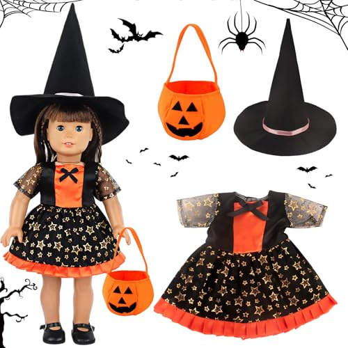 KIKVTER Halloween dockkläder, halloweenkostym, dockkläder halloween häxklänning med hatt, kläder kläder för babydockor, presenter till flickor