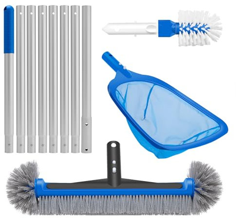 4-in-1 Deluxe Pool Cleaning kit, Pool Cleaning Tools with 10Ft Adjustable Pole, 13.4'' Fine Mesh Skimmer Net, 17.3'' Swimming Pool Brush & Extra Brush Head for Cleaning Inground & Above Ground Pools