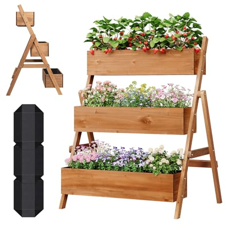 WOLTU Hochbeet, für Garten Balkon Terrasse, mit Innenvlies 3 Blumenkästen, Blumentreppe aus Holz, Gemüsebeet Kräuterbeet Pflanzbeet, 80 x 68 x 62 cm, Braun