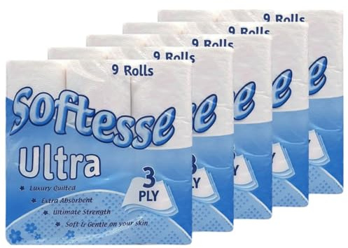 Tezraftaar® 45 x Toilet Tissue Paper Roll Softesse Luxury Quilted Soft Absorbent 3 Ply Toilet Roll for Commercial Home Restaurants Camping Travelling Use