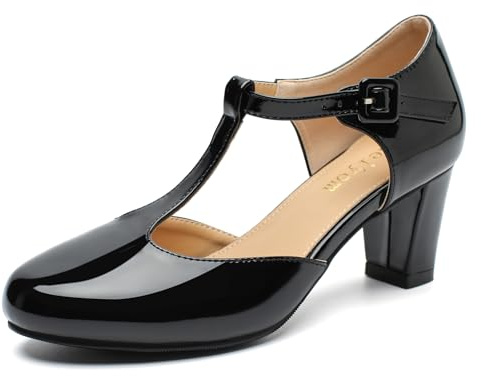 Rjclyh Women's T-Strap Mary Jane Shoes Closed Toe Block Chunky Heels Vintage Casual Dressy Pumps for Work Wedding Party Black Patent Leather 8