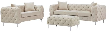 Vente-unique - Canapé 3 Places, 2 Places et Pouf Chesterfield en Velours Beige Edwina