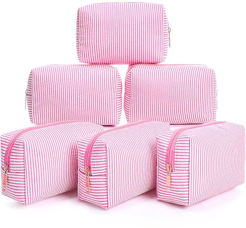Sanwuta 6 Pcs Seersucker Cosmetic Bags Bulk, Striped Zippered,Pink