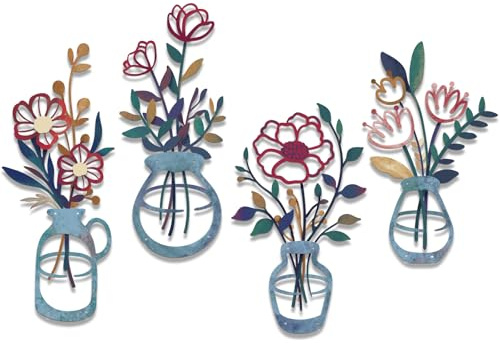 twinklemon 4 Pcs Colorful Metal Flowers Wall Art Decoration, Minimalist Line Vase Hanging Wall Decor, Floral Artwork Sculptures Decor for Bedroom Living Room Bathroom Kitchen Home Hallway Stairs