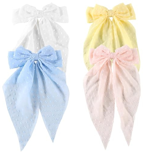 4pcs Ribbon Large Bow Set for Women - Oversized Pearlized Tulle Hair Bows (White, Yellow, Pink, Blue), Hair Clips for Daily Wear, Parties & Weddings