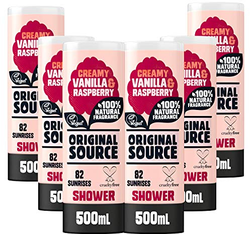 Original Source Gel doccia al latte di vaniglia e lamponi, 100% fragranza naturale, gel doccia vegano, senza parabeni, confezione multipla da 6 x 500 ml