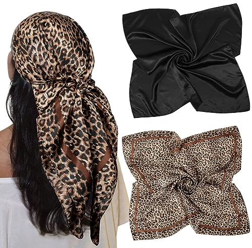 AWAYTR 35” Large Satin Square Head Scarf - 2Pcs Silk Like Floral Head Scarves Square Satin Hair Scarf Bandanas for Women ((Brown + Black))