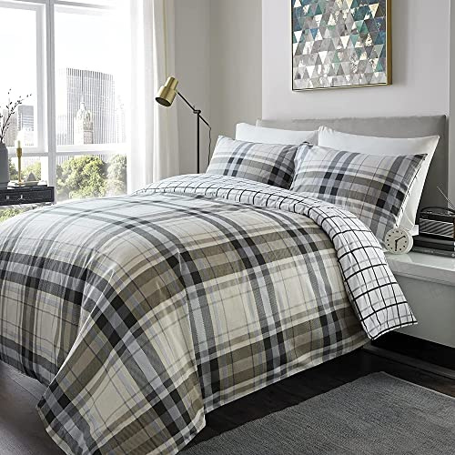 ED Flannelette Printed Duvet Cover Set | 100% Brushed Cotton Flannel Fleece | Reversible Bedding Quilt With Pillowcases (Grey & Black Tartan Check, Double)