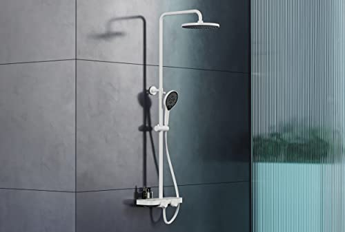 BERNSTEIN® Duschsystem mit Thermostat BS371 Weiß matt, Regendusche Duschsystem, Duschbrause mit Anti-Kalk-Düsen, Höhenverstellbare Duschstange -Farbe: Weiß/Schwarz matt, Form: Rund