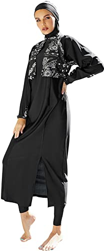 OBEEII Muslimische Bademode Badeanzug Full Cover Bescheidene Badebekleidung Modest Muslim Swimwear Beachwear Burkini Langarm Tops und Hose mit Hijab 3-Teilige Modest Bademode Sets Schwarz03 XL