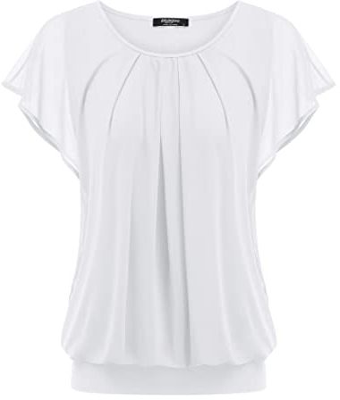 Zeagoo Damen Chiffon Shirt Kurzarm Batwing Bluse Rundkragen Oberteile Tunika Tops Weiß XXL