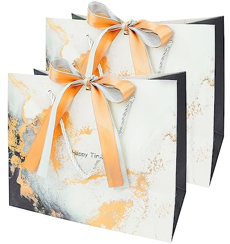 PACK4YA Papier-Geschenktüten mit Schleifenband, Geschenktüte mit Henkel für Geburtstag, Hochzeit, Weihnachtsfeier, Einkaufen, Babyparty 25x12x20 cm (Weißer Marmor, 2 Stück)