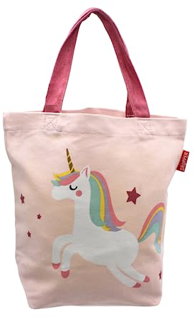 Dekohelden24 Kinder-Shopper/Kinderhandtasche/Kindertasche/Minishopper mit Henkel, Motiv: Einhorn mit Aufschrift - Einhorntasche -, 100% Baumwolle, Größe: H/B ca. 21 x 24