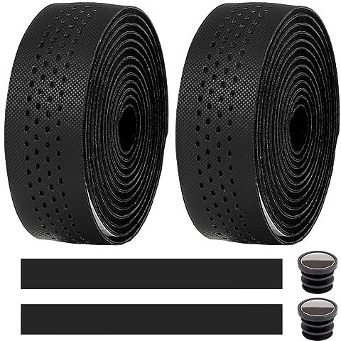 MOCNT 2 Piezas Cinta de Manillar de Bicicleta Carretera Ciclismo Cinta de Esponja EVA PU Cuero Bandas Autoadhesivas Antideslizante Transpirable con Tapón Extremo Barra Negro