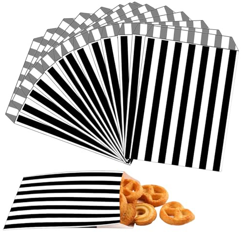 100 piezas Negro Rayas Bolsas Regalo Pequeñas Bolsas para Chuches,12.7cmx17.8cm Bolsa de Papel Kraft Embalaje Dulces y Galletas para Cumpleaños Infantil,Navidad,Halloween,Bodas,Fiesta