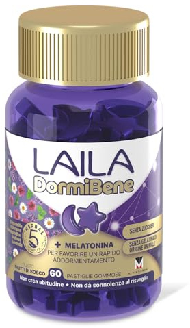 Laila DormiBene Integratore alimentare per il sonno a base di Herbal 5 Complex e Melatonina per favorire un rapido addormentamento. Confezione da 60 pastiglie gommose. Senza zuccheri