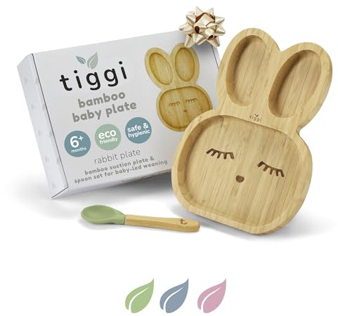 Tiggi Bamboo Baby Plate from Suction Weaning Plate for Easy Mealtime | Strong Grip for Less Mess | Bamboo Suction Plates Baby (Rabbit, Soft Mint)