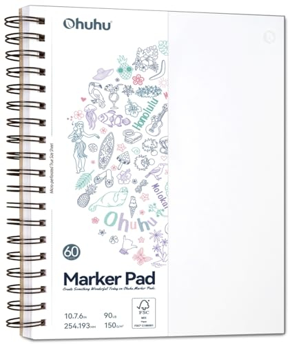 Ohuhu Carnet de Dessin Anti-traçage Recto-Verso, Format Grand 19x25 cm, Papier Lisse 150 g/m², 60 Feuilles/120 Pages – Reliure à Spirale, pour Marqueurs Alcool, Dessin, Écriture