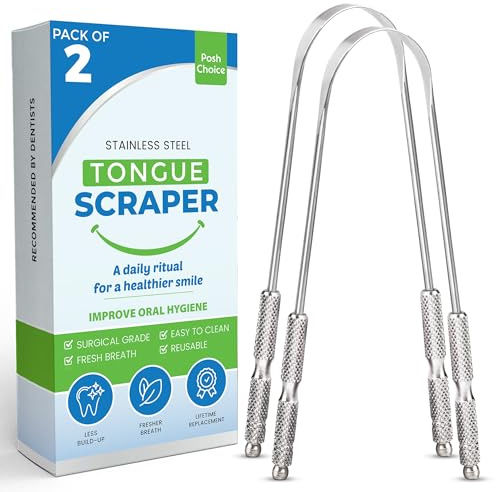 2 x POSH CHOICE Tongue Scrapers for Adults | Premium Stainless Steel Oral Care Tools | Effectively Reduce Bad Breath | Durable Dental Tools for Men and Women | Tongue Cleaner
