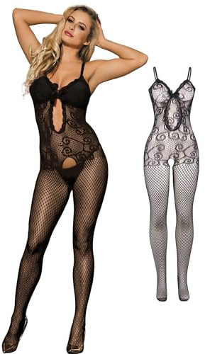 ohmydear Women's Fishnet Bodysuit Body Stockings Full Body Plus Size Lace Lingerie Set Sexy Babydoll Chemise Hollow Out Mesh Ladies Nightwear, L-2XL Black