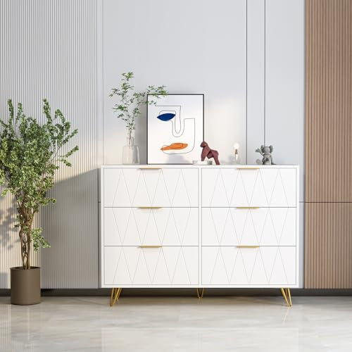 KEFSR Cassettiera bianca Glack per camera da letto, legno 6 cassetti doppio con cassetti larghi e maniglie in metallo dorato, cassettiera del corridoio, ingresso.