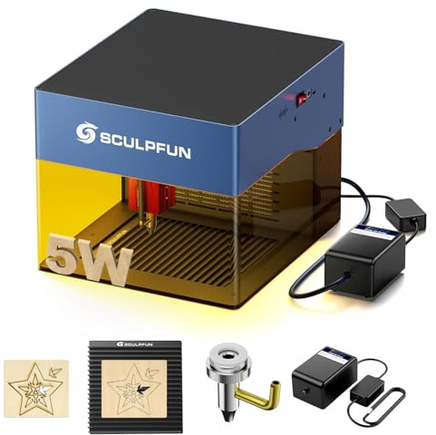 SCULPFUN iCube Pro 5 W lasergravyrmaskin med bikakeplatta luftpumpset rökfilter graveringshastighet 10 000 mm/min, bärbart ögonskydd, laserskärare, app- och PC-radiostyrning