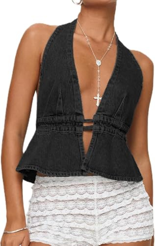 LLECDASEUI Donne Sexy Collo a V profondo Halter Denim Canotta Legatura sulla schiena Colore solido Jean senza schienale Gilet Senza spalline Top con pinces (M,Nero)