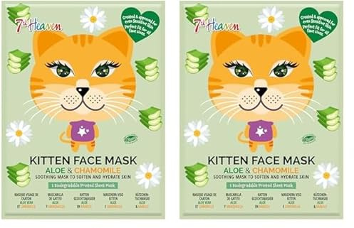 7 th Heaven - Mascarilla de Tela Calmante - Kitten Face Mask - 1 Ud. - Limpieza e Hidratación Facial - Enriquecida con Pepino y Aloe Vera - Diseño de Gato - Todo Tipo de Pieles - 100% Vegana