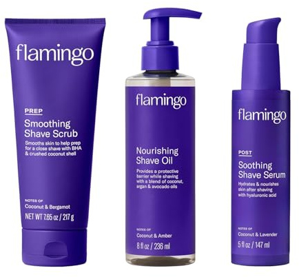 Flamingo 3-Step Shaving Set for Women - Smoothing Prep Scrub, Nourishing Shave Oil, and Soothing Post Shaving Serum - Glow Shave Collection