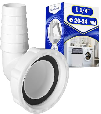 90° skarv för avloppsrör tvättmaskin och diskmaskin för avloppsslang med inlopp Ø 20-24 mm lämplig för vattenlås med 1 1/4 tum yttre gänga - 10 års garanti - MONTERAL
