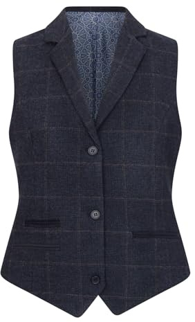 TruClothing Women's Navy Blue Wool Blend Tweed Checkered Waistcoat - Navy 20