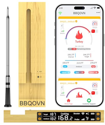 BBQOVN WLAN Bluetooth Fleischthermometer mit unbegrenzter Reichweite,7 NIST-zertifizierte Sensoren &Umgebungstemperatur,kabelloses Grillthermometer für BBQ,Smoker,Ofen,Grill,Heißluftfritteuse(Schwarz)